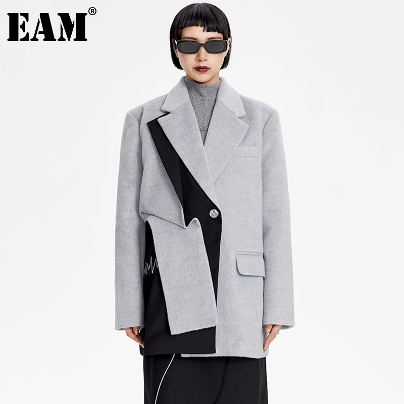 

[EAM] свободный крой, серый, большой размер, теплое шерстяное пальто, парки, новинка, длинный рукав, женская мода, Осень-зима 2021, 1DE4407