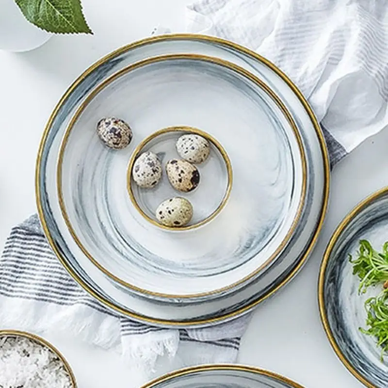 

Nordic Style Tableware Marble Bowl Plate Bowl Set Snack Plate Ceramic High-end Noodle Bowl Phnom Penh Bowl Set Plates Dinner