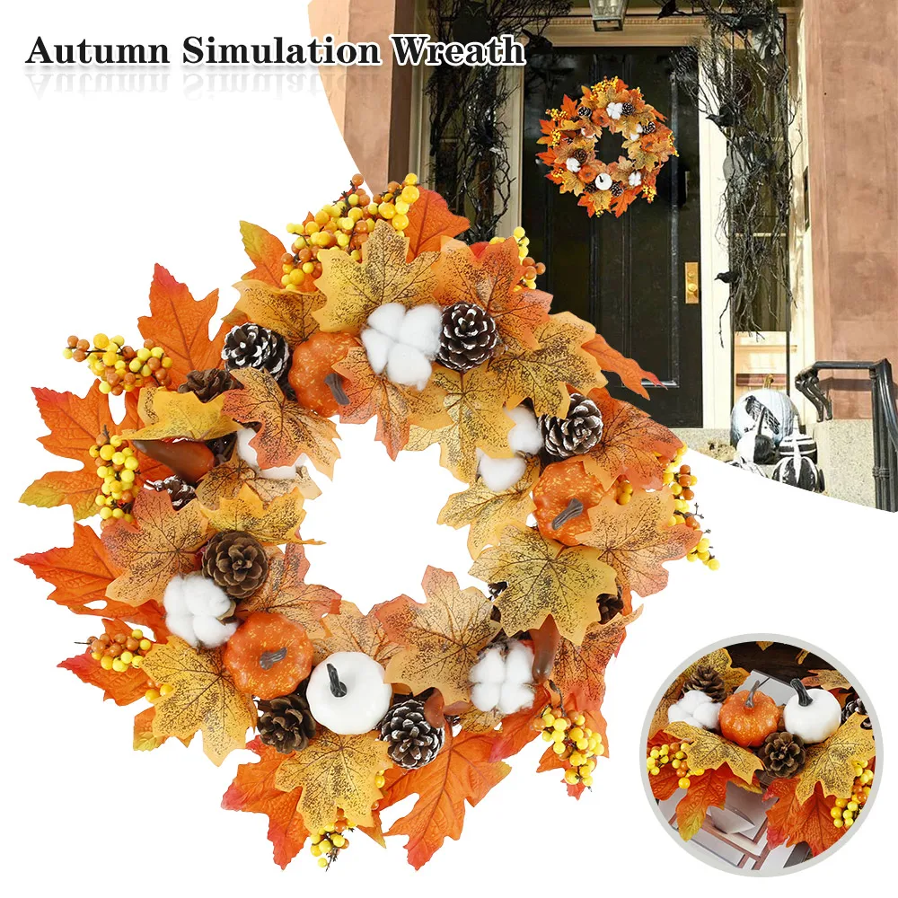 

2021 Wreaths Garlands Fall Pumpkin Wreath for Front Door with Pumpkins Artificial Maples Sunflower Autumns Harvest Holiday Decor