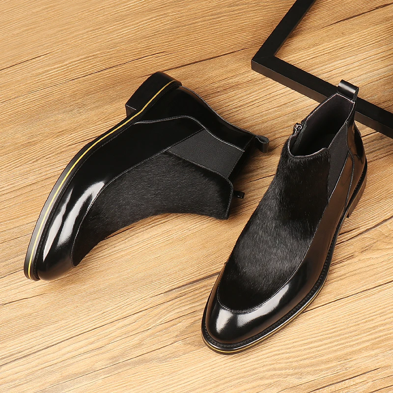 Pointed Toe Horsehair Black Mens Dress Boots Genuine Leather Chelsea Male Ankle | Обувь