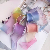 curling rainbow ribbon 60mm diy hair bow material big mixed gradient color wave edge organza packing tape for flower uniform 6cm