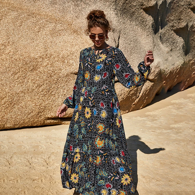 

Y135 Fashion Early Spring Printed Dress Casual Long Sleeve Loose Big Skirt Sweet Square Collar Temperament High Waist