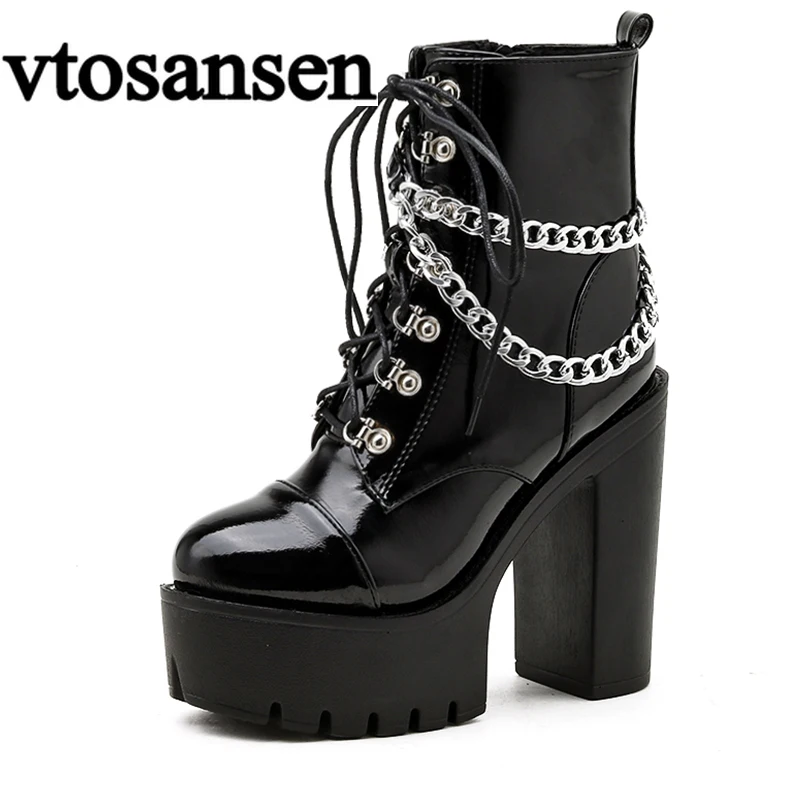 Beli Sepatu Wanita Gotik Hitam Sepatu Bot Pergelangan Kaki Wanita Musim Gugur Sepatu Bot Kulit Paten Gaya Punk Rantai Seksi Hak Tinggi Filas Gadis Ritsleting Pesta