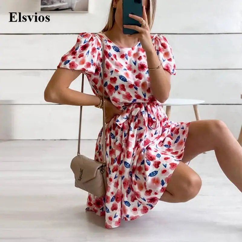 

Women Summer Tie-Up Belted Party Dress 2021 Autumn Elegant Floral Print Lady Dress Casual Fashion O Neck Short Sleeve Mini Dress