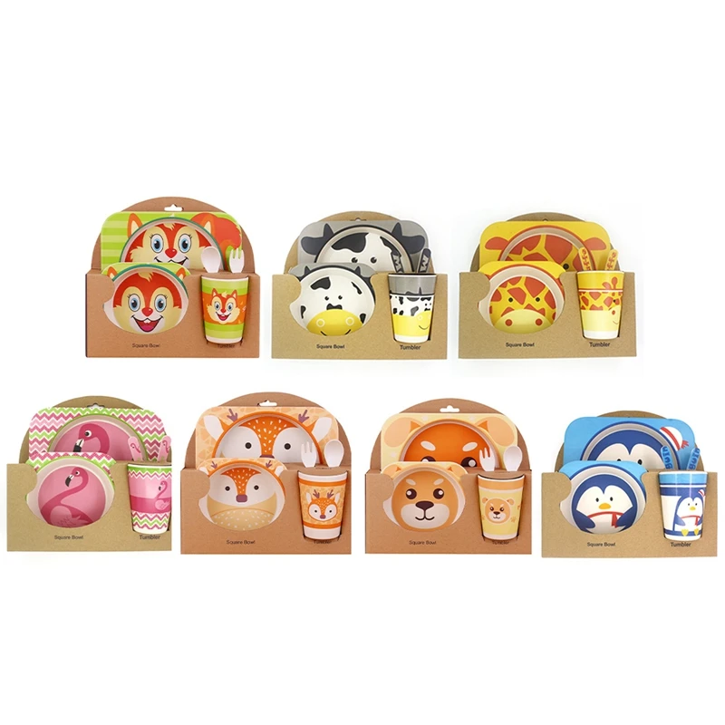 

5 Piece Set Baby Natural Bamboo Tableware Bamboo Bowl Baby Feeding Tableware Children Cute Cartoon Gift Feeding Bowl Set