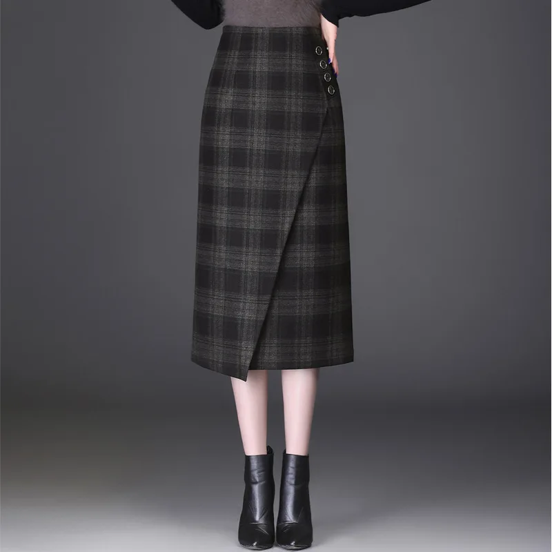 

High Waist Slim Casual Plaid Mid-long Bodycon Skirt Autumn Winter Women Vintage Elegant Formal Pencil Skirts Office Lady 0200