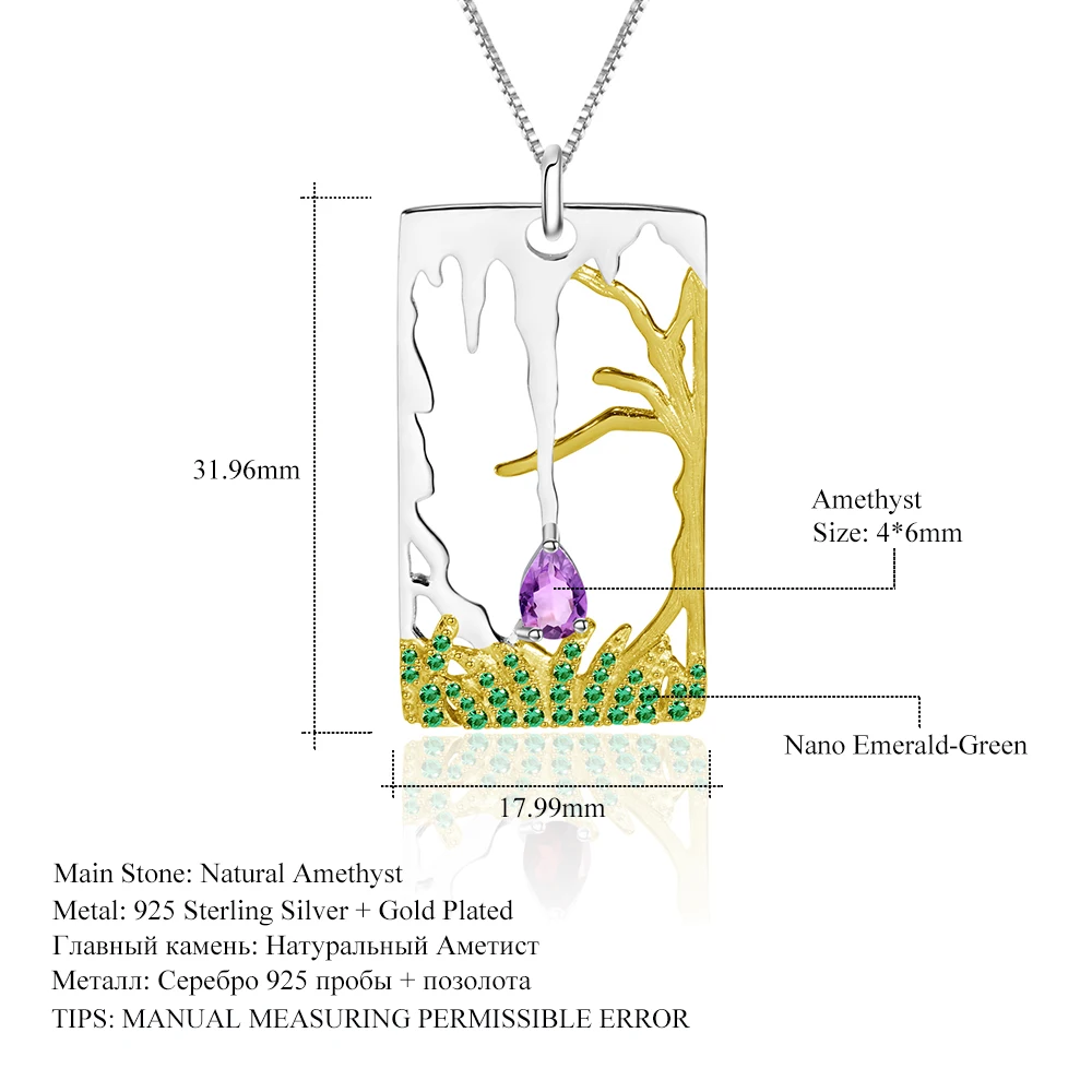 

Gem's Ballet Natural Water Drop Amethyst Pendants Melted Snow 925 Sterling Silver Branchrectangle Necklace for Women Jewelry
