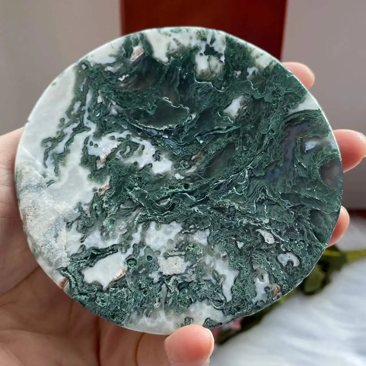 

Natural moss agate crystal quartz slice energy gem reiki healing gift room decoration, home furnishings about 9-11cm+free stand