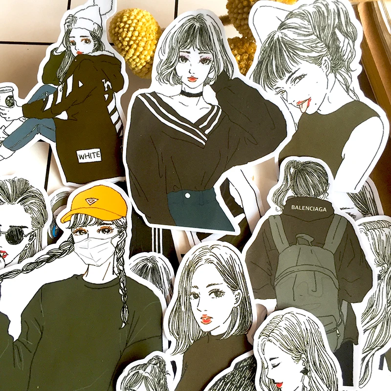 22Pcs/Set Travel Black White Sweater Girl Sticker DIY Craft Scrapbooking Album Junk Journal Happy Planner Decorative Stickers | Канцтовары