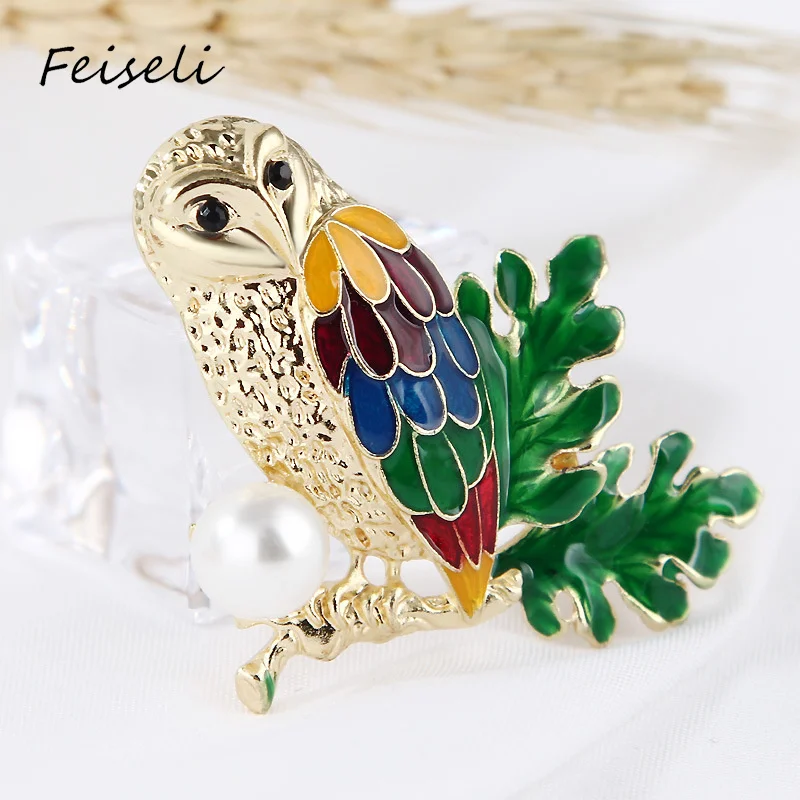 Feiseli искусственная жемчужина цветная сова птица брошь для женщин свитер одежда