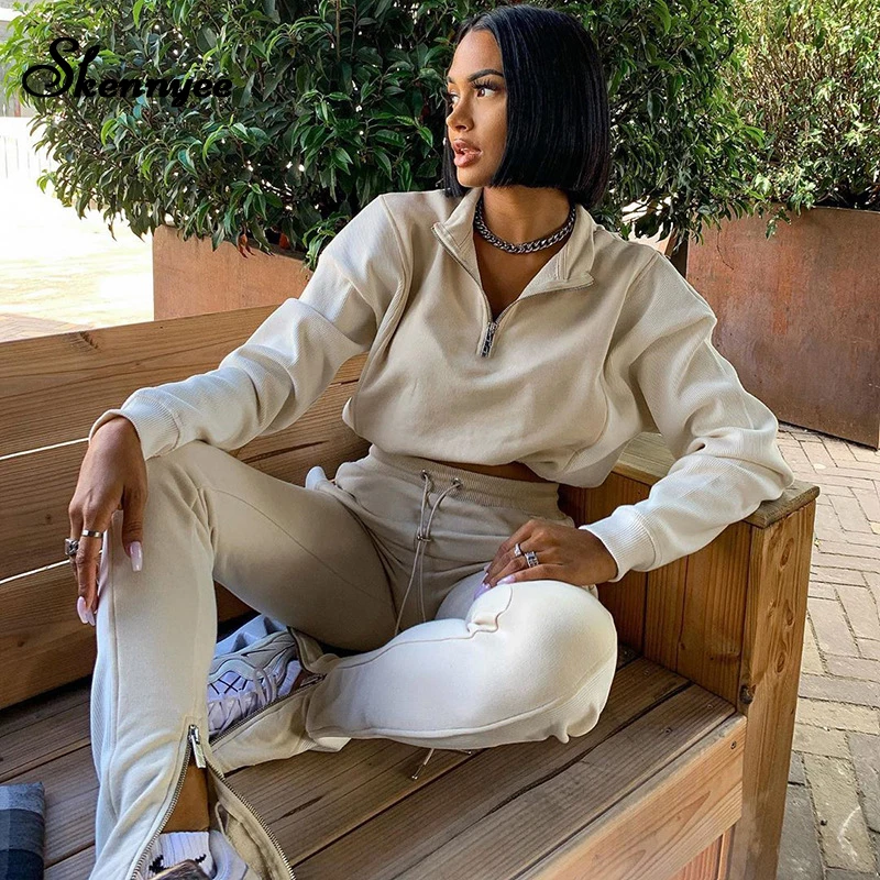 

Комплект для отдыха Skennyee Женский, повседневный кружевной топ на молнии с длинным рукавом и штаны, спортивная одежда из 2 предметов