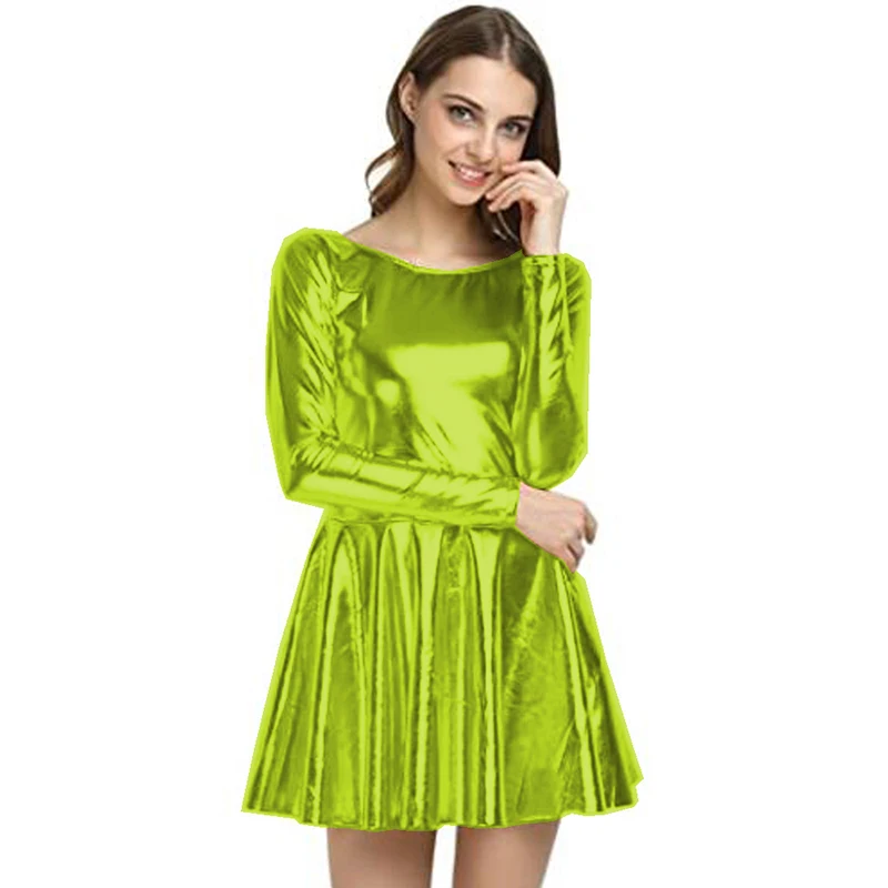 Женское плиссированное платье с длинным рукавом блестящее мини-платье-трапеция