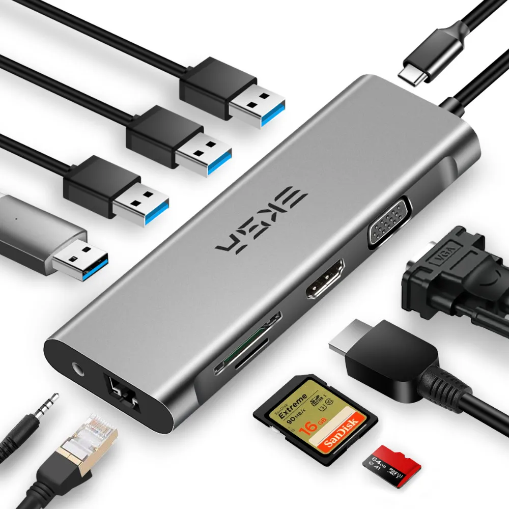 EKSA 11 в 1 usb-хаб C концентратор Thunderbolt 3 Тип C адаптер док-станция для MacBook Pro USB 3,0 2,0 порт 1080P VGA RJ45 4K HDMI сплиттер