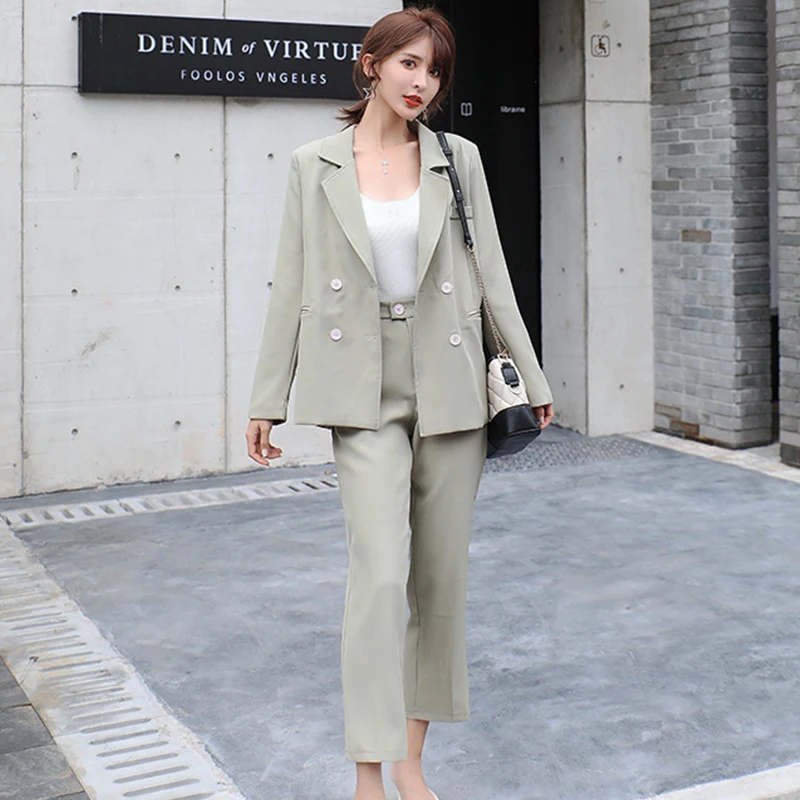 

Women's Suits Blazer Solid Double Breasted Notched Collar Office Lady Blazers Set Slim Spring Autumn 2 Pcs Set for Female