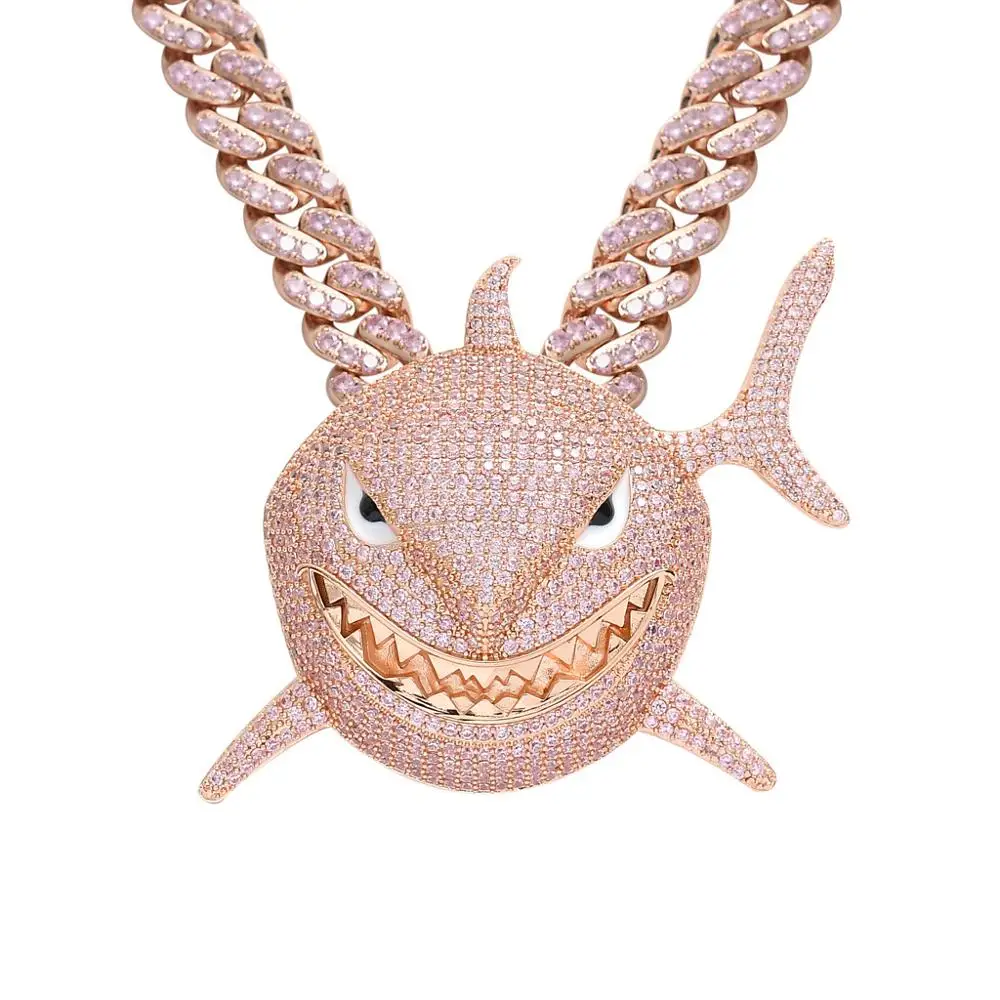 

Iced Out Large Size Pink Shark Pendant 2Colors AAA Zircon Necklace For Men Women Gifts Fashion Hip hop Jewelry