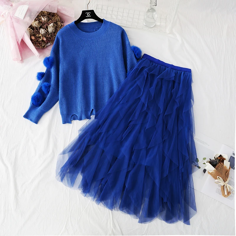 2019 осенне-зимний женский комплект с юбкой модный розовый вязаный свободный