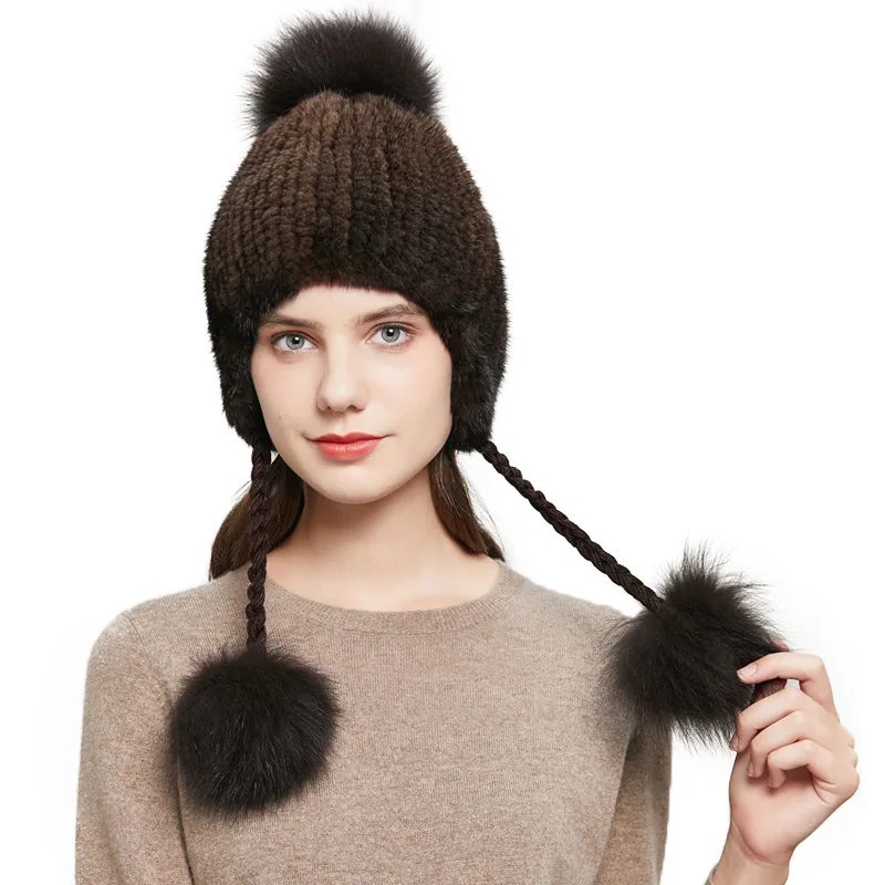 DY-05 Popular Style Mink Hat Women's Mink Hair Braided Hat Fox Fur Ball Fashion All-Match Earmuffs