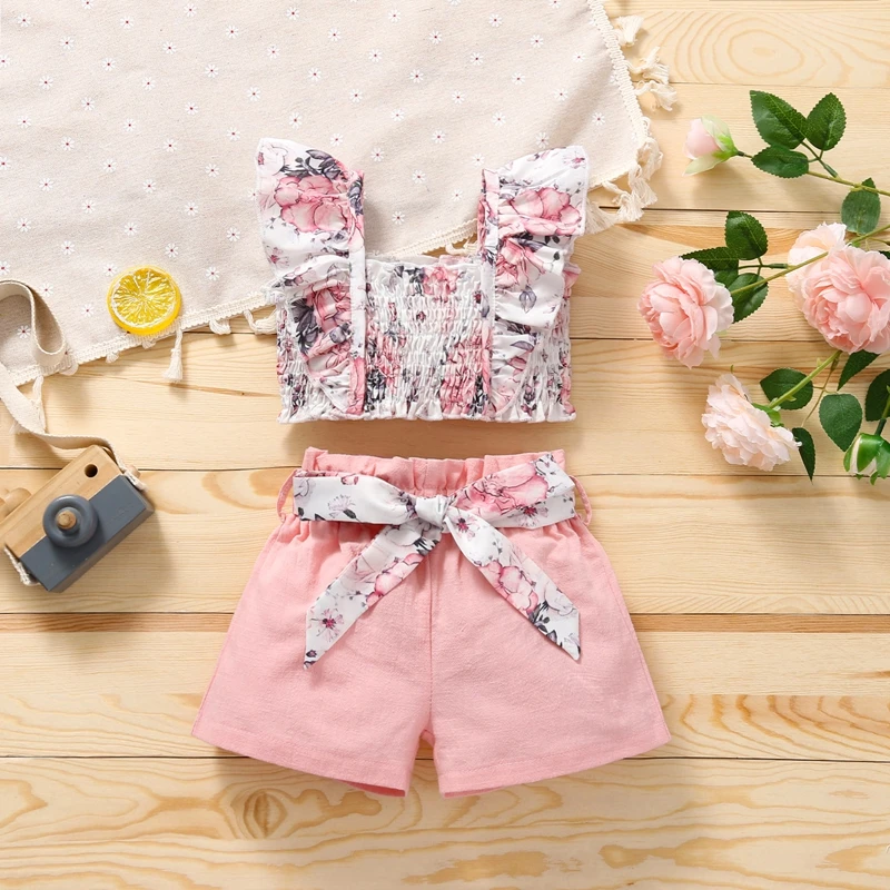 

Летняя одежда для маленьких девочек, наряд, летние рукава, цветочный принт, майка с рюшами, шорты, комплект одежды