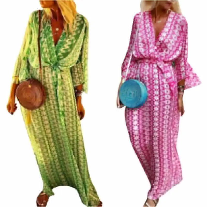 

2021 Summer Women Dress Long V-neck Belted Maxi Dress Casual Summer Sundress Loose Travel Holiday Vestidos Mujer Beach Party