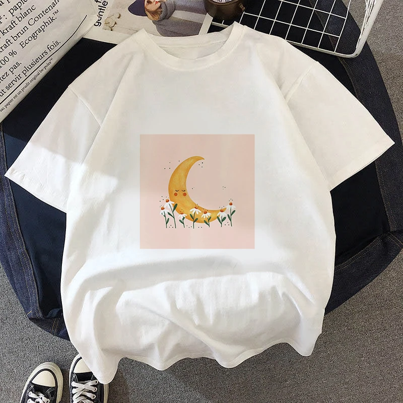 

Moom Printed Women T-Shirt Fashion Tees Aesthetic White T-Shirt 90S Cute Art Tee Hipster Grunge Top Street Clothing