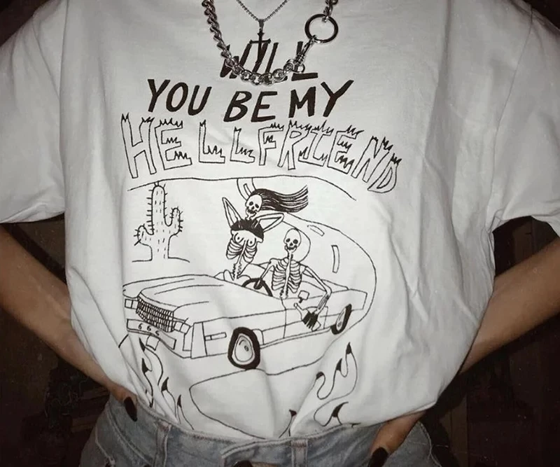 Новые брендовые Забавные футболки унисекс Will You Be My Hellfriend, летняя белая и черная хлопковая Футболка оверсайз, уличная одежда Tumblr, футболка
