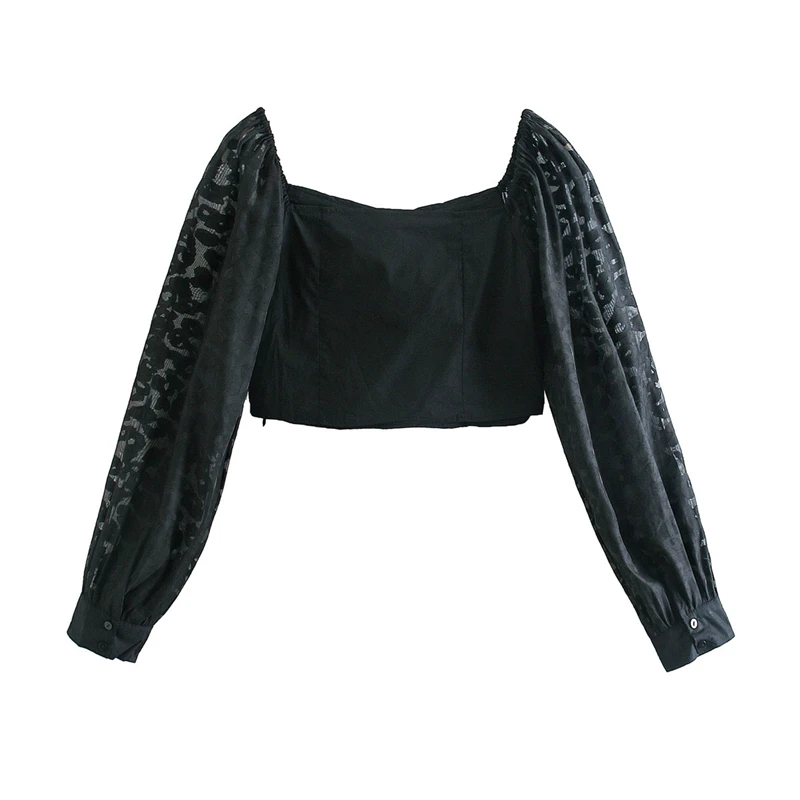 

Elegant Women Lipprint Shirts 2021 Fashion Ladies Slash Neck Tops Sexy Female Chic Gauze Patchwork Puff Sleeve Blouses