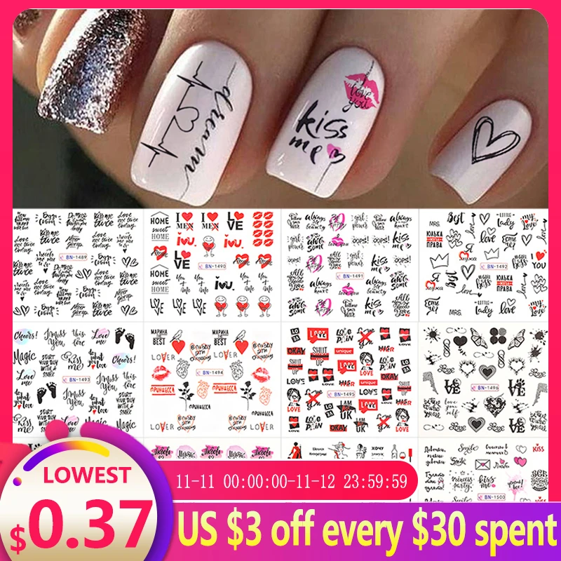 

12pcs Valentines Manicures Love Letter Flower Transfer Stickers For Nails Inscriptions Nail Art Decoration Water Sliders Tips