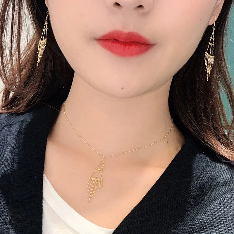 

Aazuo Real 18K Yellow Gold None Stone Round Bead Drop Chain Lace Jewelry Set Necklace&Earring Gifted for Women Wedding Party