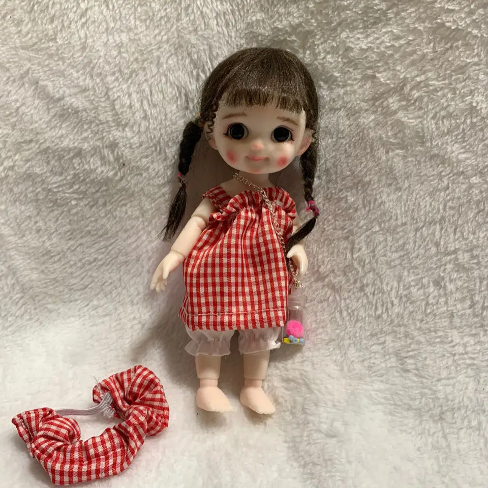 

17CM Cute Mini BJD Dolls Makeup Fashion Outfits Red Skirt Wig Casual Clothes with Shoes Dolls Girls Child Smile Toy
