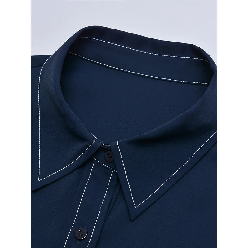 

Blue Shirt Women's Chiffon Short Sleeve Contrast Color Bright Line Square Collar Top Polo Collar Business Shirt New Summer