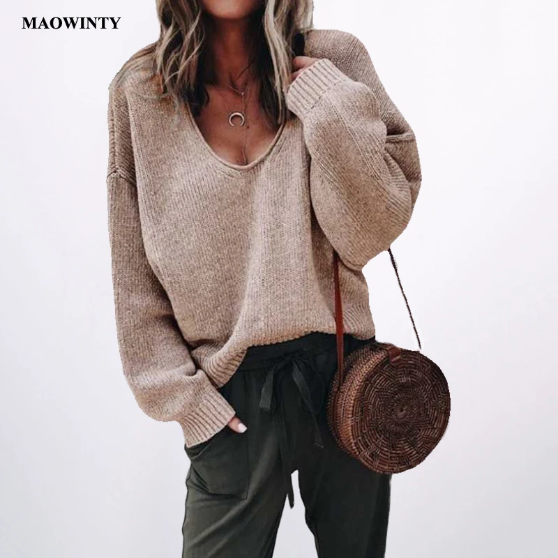 Knitted Women's Sweater Casual Streetwear Solid V Neck Long Sleeve Pullovers Woman Winter 2019 Feminine Coat Pull Femme | Женская