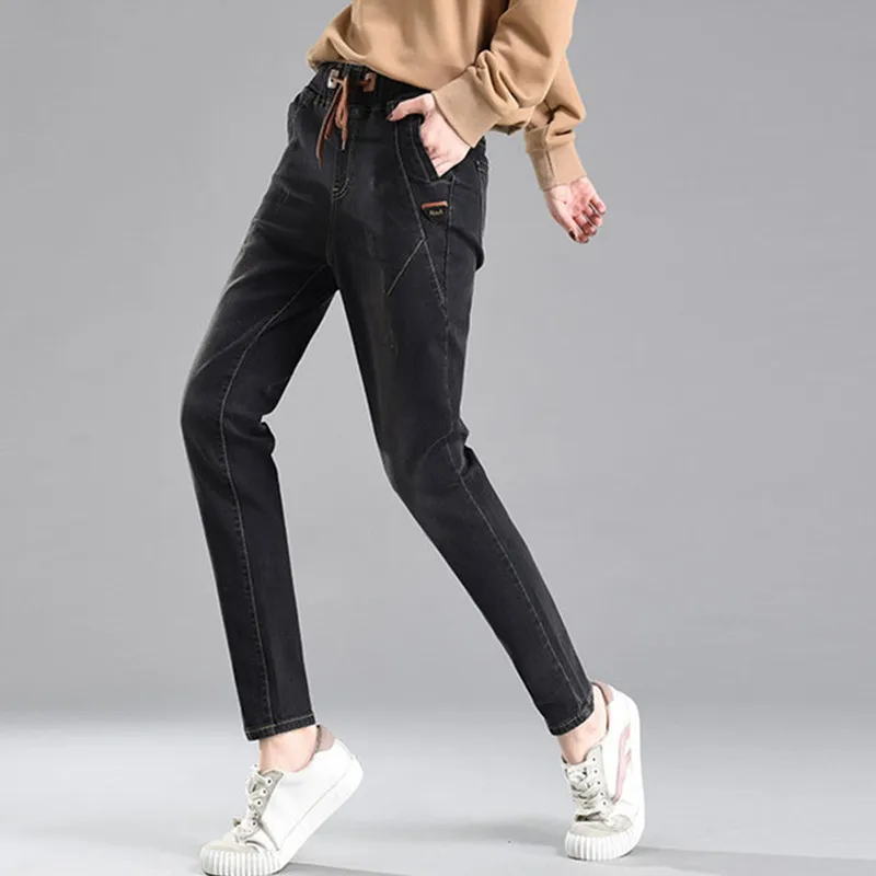 

Large Size 4xl 5xl Loose Jeans Women Spring Elastic High Waist Lace Up Jeans Harlan Pants for women