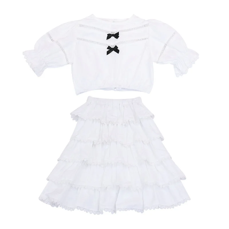 

2021 Summer Fashion Girls Sets Bow Backless Shirt Crop Tops+Lace Cake Skirt Little Girls Party Clothing Set Children Outfits