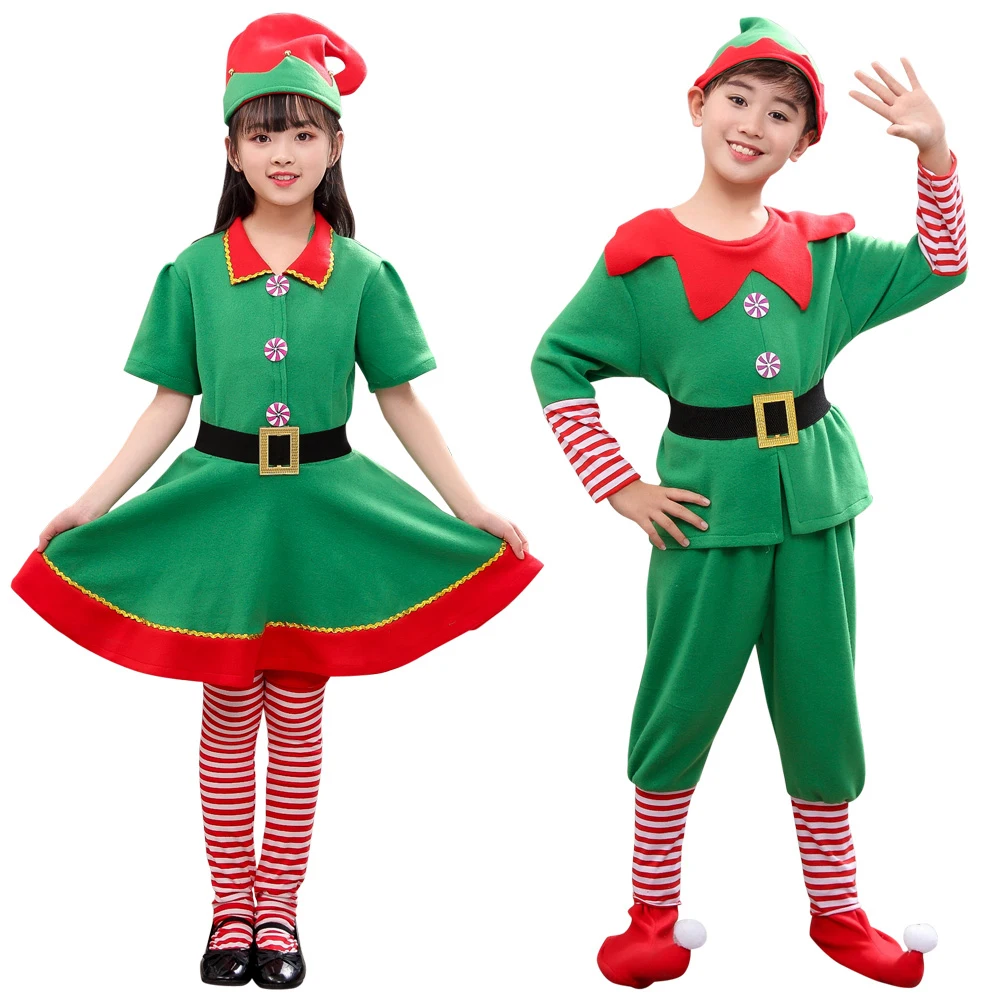 

Рождественский костюм для мальчиков и девочек, детское карнавальное платье Санта-Клауса, наряд, шапка, костюм для рождевечерние, семейный костюм, зеленая одежда
