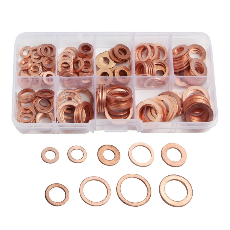 

200Pcs Copper Washer M5/M6/M8/M10/M12/M14 Gasket Nut and Bolt Set Flat Ring Seal Assortment Kit With Box for Sump Plugs Water