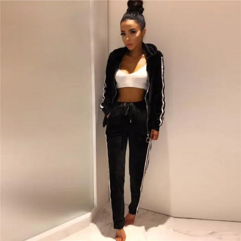 

9351 fast selling in autumn and winter, eBay's popular striped velvet zipper warm sweater pants set 2021