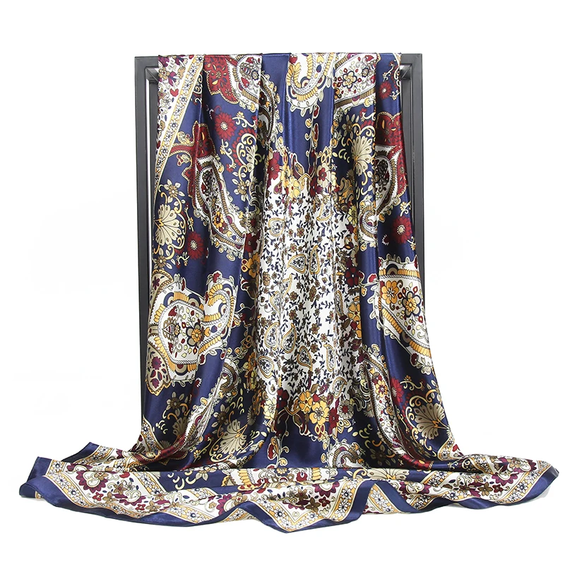 Шелковый шарф женский модный дизайнерский платок с золотыми цветами большой