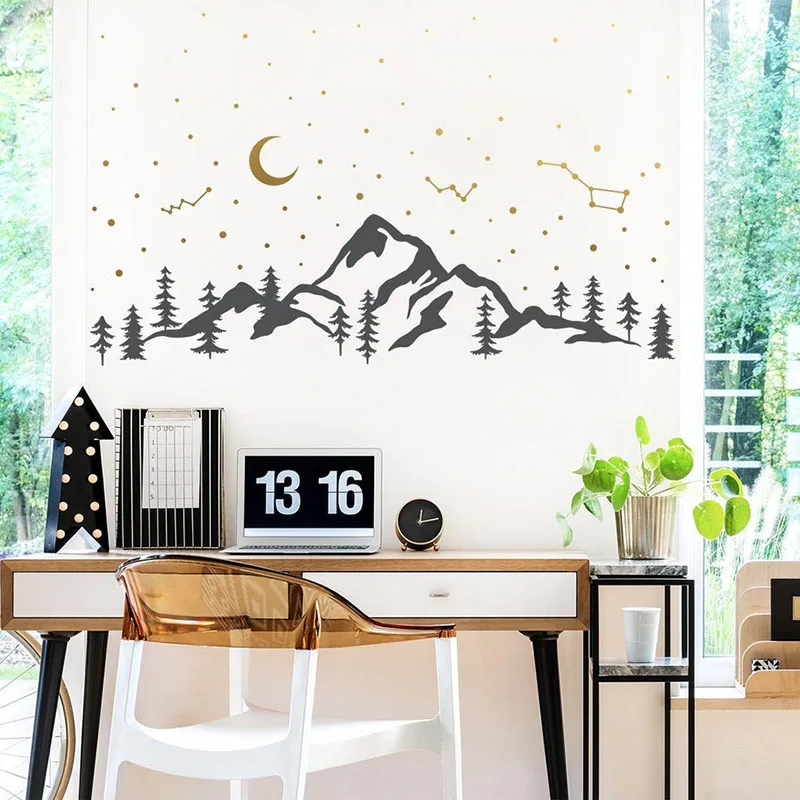 

Large Mountain Night Sky Star Camping Wall Decal Playroom Kids Room Constellation Mountain Landscape Wall Sticker Bedroom Vinyl