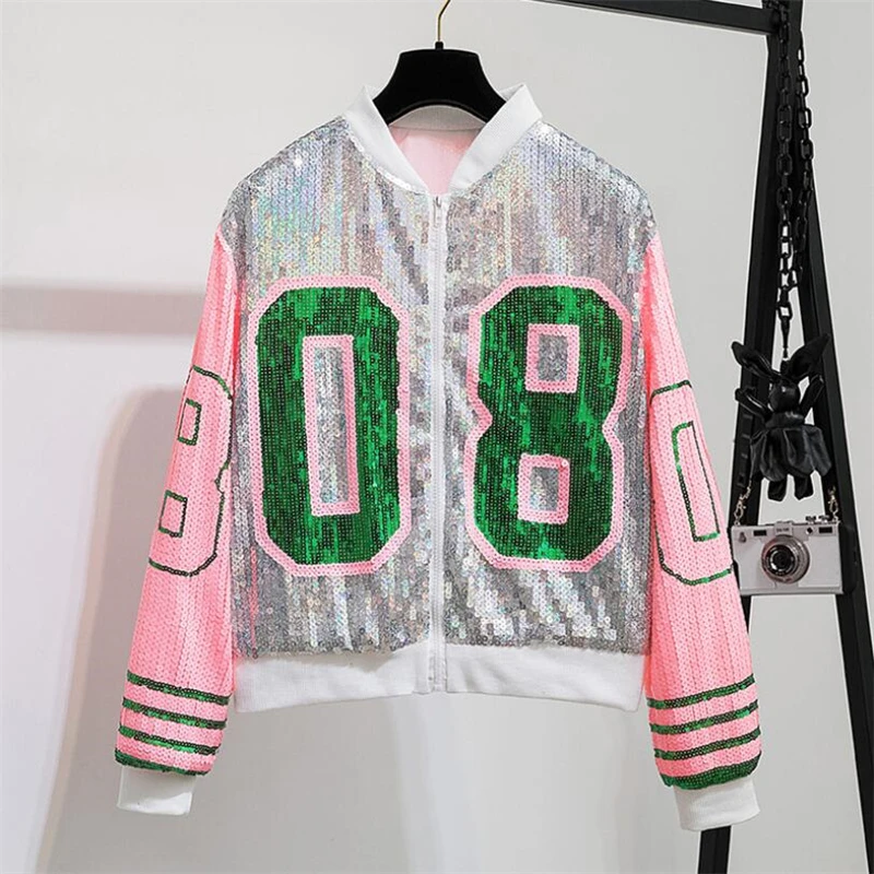 Женская куртка-бомбер с блестками Повседневная Свободная Базовая куртка
