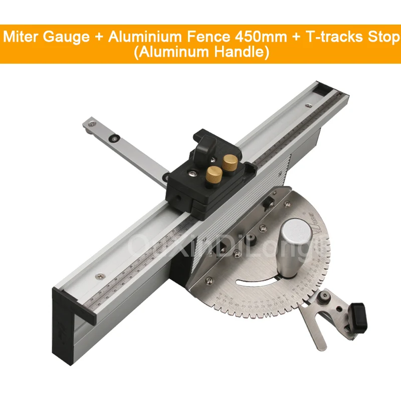 1Set Miter Gauge + Aluminium Fence 450mm + T-tracks Stop, Brass/Aluminum Handle for You to Choose GF29