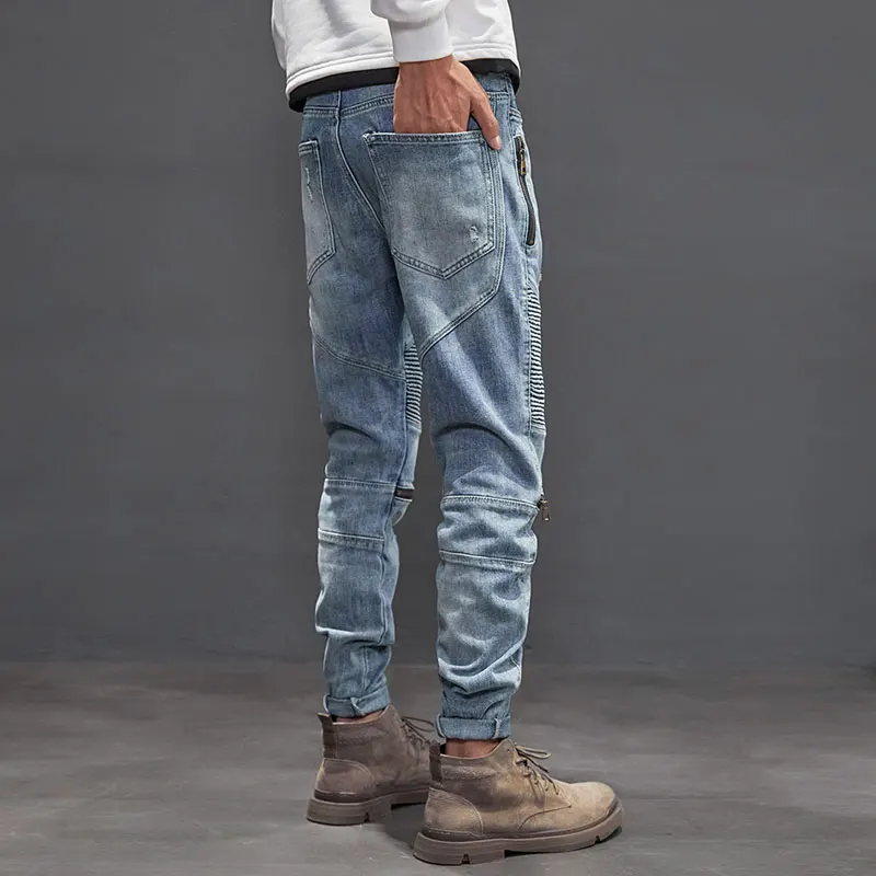 American Street Fashion Men Jeans Spliced Designer Retro Light Blue Elastic Slim Fit Ripped Biker Jeans Men Hip Hop Punk Pants