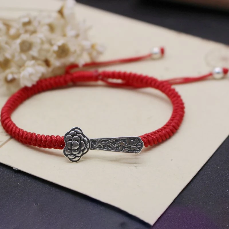 

New Fine Real S925 Silver Bless Flower Ruyi with Red Cord Weave Link Chain Bracelet 6.3inch
