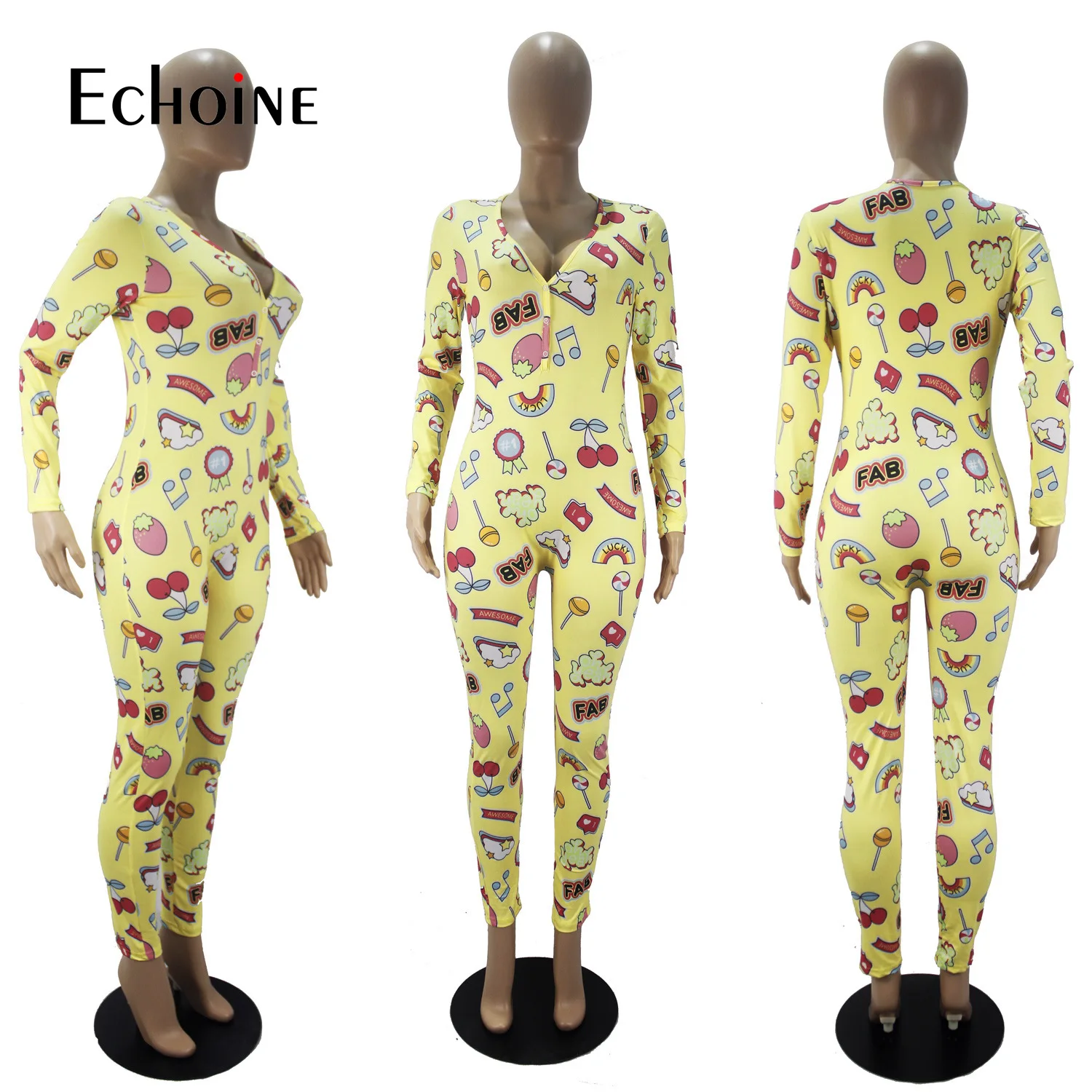 

Echoine Autumn Winter women Sexy Adults Onesies Long Sleeve V-neck Pattern Print Pajama Romper Women Jumpsuit Nightwear