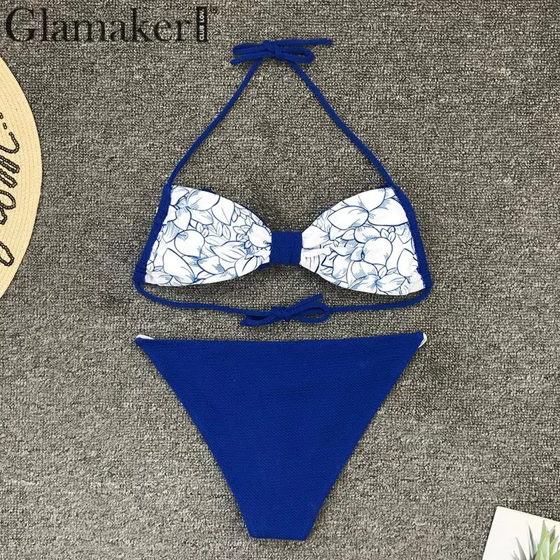 Glamaker, купальный костюм с бретелькой через шею, цветочный принт, комплект бикини с оборками, Модный Купальник, женский сексуальный купальник, женский летний голубой купальник