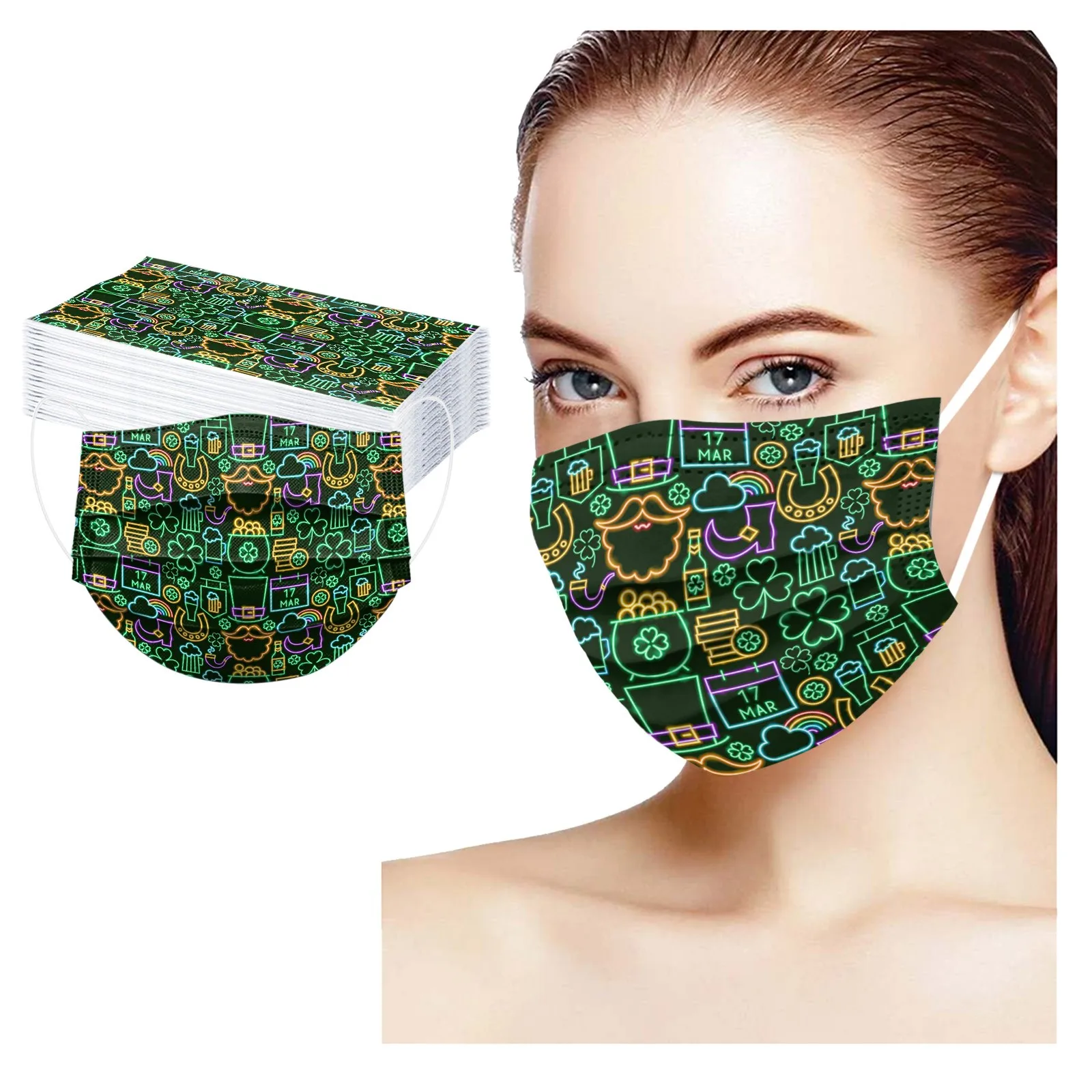 

30PCS mascarilla St. Patrick's Day green Disposable Face Mask Cute Facemask Adult Printed Disposable Masks stranger things