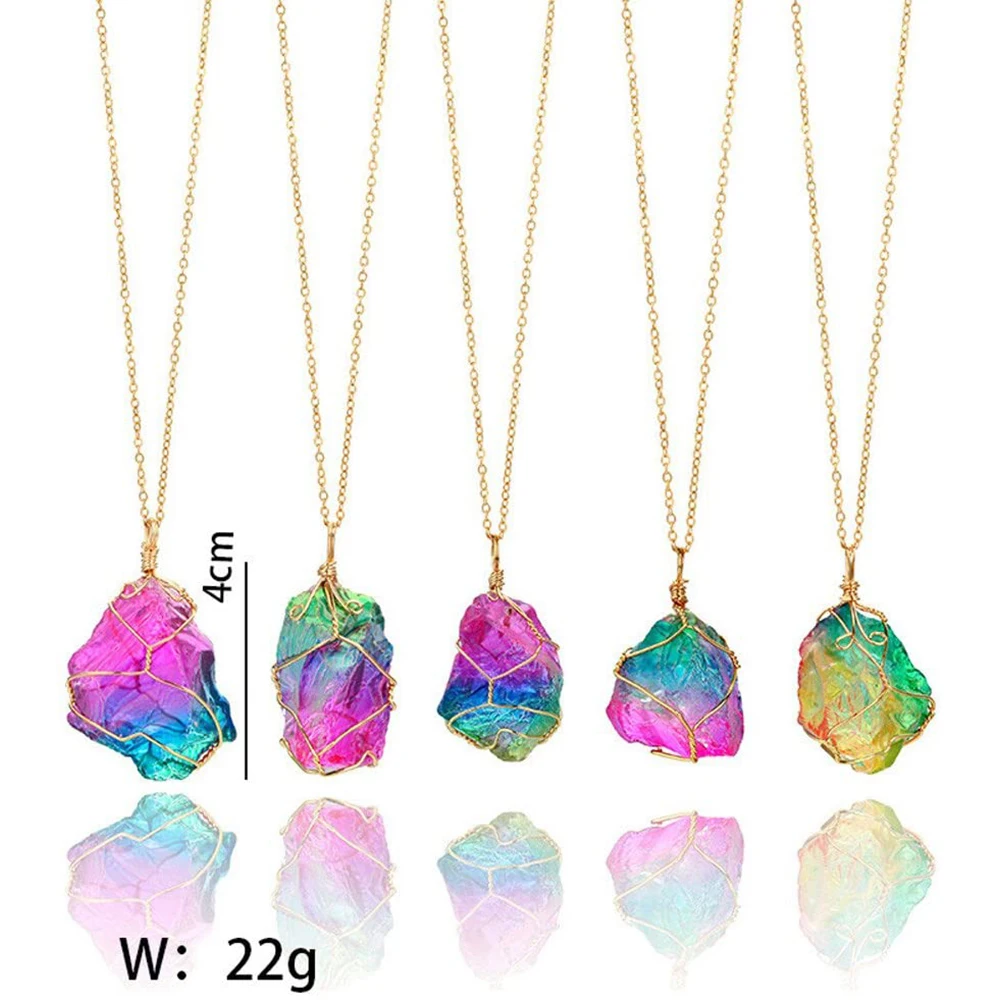 

Natural Rainbow Stone Healing Irregular Crystal Rock Pendant, Necklace Birthstone Gold Plated Full Wire Wrap Gemstone Necklace