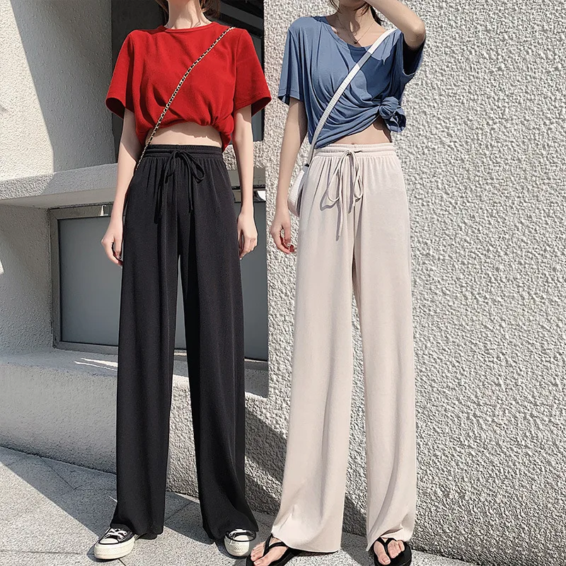 

Black Soft Comfort Women's Wide Leg Pants Summer 2021 New High Waist Thin Casual Loose Floor/Ankle Length Trousers Female Slacks