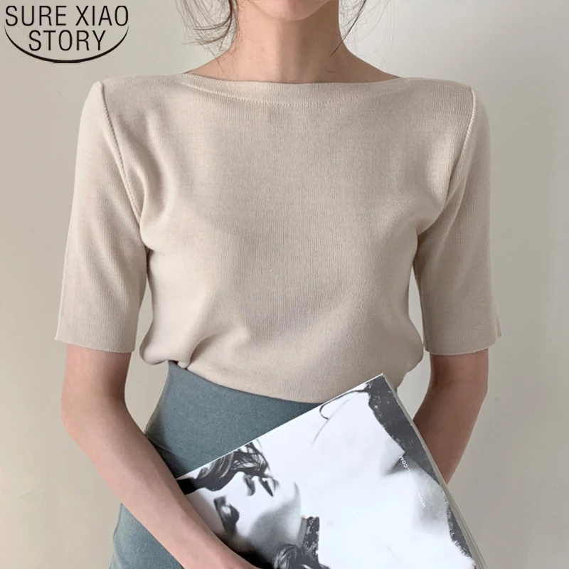 

Однотонная футболка с коротким рукавом и круглым вырезом, лето 2022, повседневные футболки, женские вязаные футболки, хлопковые базовые футбо...