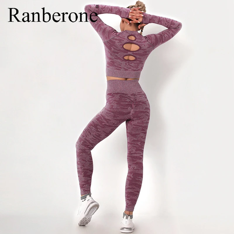 

Ranberone Two Piece Set Seamless Yoga Set Sexy Hollow Out Crop Top + High Waist Fitness Leggings Gym Clothing Sports Set