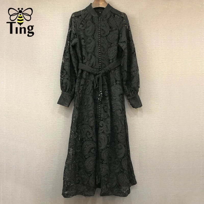 Black Long Style Tingfly, подиум, дизайнерское, кружевное, миди, длинное платье, однобортное, на пуговицах, с вырезом, длинное, кружевное платье, Vestidos, Платья для вечеринок+ пояса - Цвет: Black Long Style